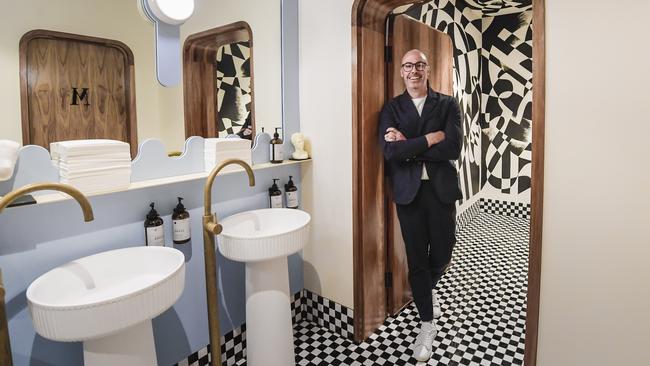 Acclaimed architect Dave Bickmore at one of Adelaide’s exciting new restaurants Fugazzi, which he designed in a unique ‘svelte’ style. Picture: Roy Van Der Vegt