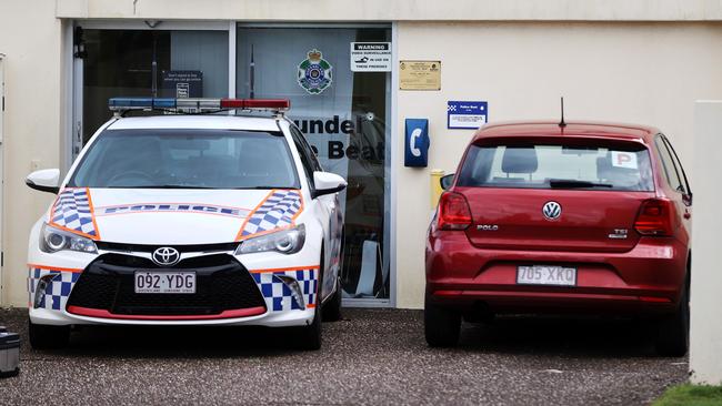 A police car and the door of the Arundel Police Beat were hit by projectiles. Picture: Nigel Hallett