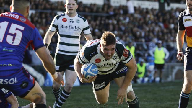 Warringahâ€™s Rob Kelly drives for the line in his 200th grade game for the Rats. Warringah v Manly (Northern Beaches Derby 2), Shute Shield Rd 16 at Pittwater Rugby Park. Rats def Marlins 28-23. Saturday 20th July 2019. Â© Karen Watson