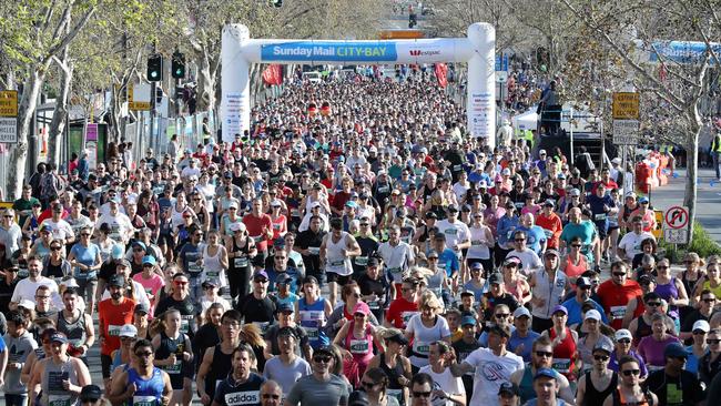 The City-Bay Fun Run start on King William Road, in Adelaide. Picture: Calum Robertson