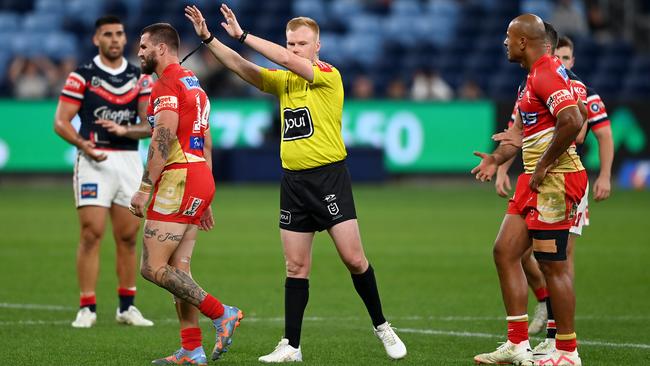 The Dolphins' Ray Stone gets put in the bin for his hit on Drew Hutchison. NRL Imagery