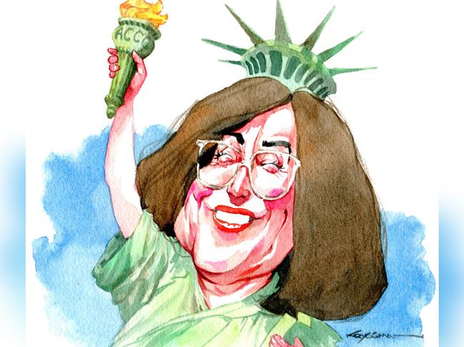 Sturt Krygsman illustration of Gina Cass-Gottlieb (ACCC) as Statue of Liberty. for the Business pages on 17-09-2022Version: Business Cartoon  (1024x768 - Aspect ratio preserved, Canvas added)COPYRIGHT: The Australian's artists each have different copyright agreements in place regarding re-use of their work in other publications.Please seek advice from the artists themselves or the Managing Editor of The Australian regarding re-use.