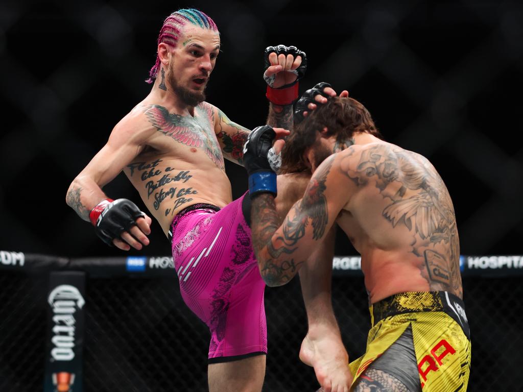 Sean O’Malley (L) defends his bantamweight title at UFC 306 this weekend. Picture: Megan Briggs/Getty Images