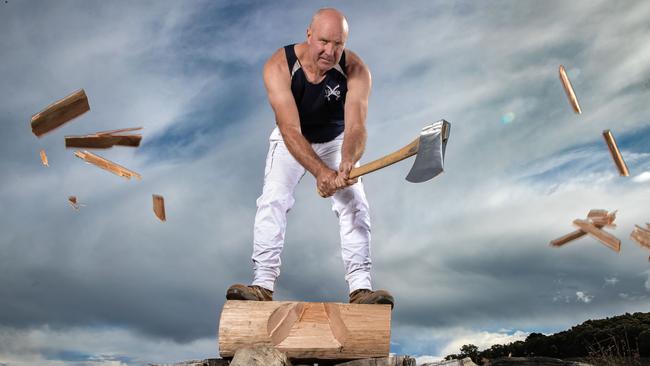 L-rBrad, 51 Brad and his sons compete in wood chopping competitions. Brad is the president of the Victoria Axemen's Council. Wood chopping as a sport is under threat in Victoria logs are no longer available from Victorian State Forests. Wood chopping competitions require Alpine Ash logs which they can no longer access. Picture: Jason Edwards