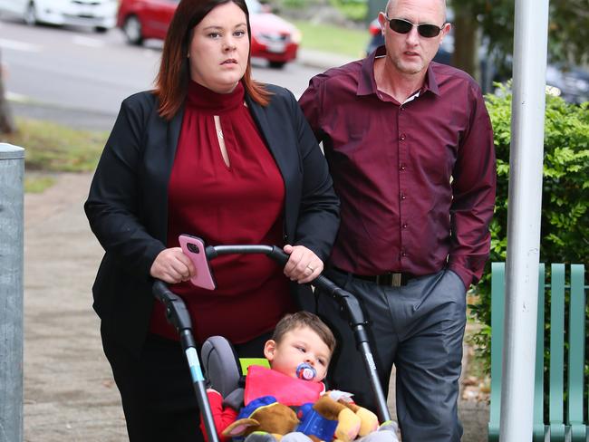 Elise Webber arrives at Gosford Court with her two-year-old son Bobby Webber, for the sentencing of the little boy's uncle Andrew Nolan, who abused him so badly doctor's told her he would not survive. Picture: Peter Clark