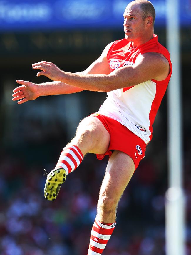 Barry Hall slots a goal for the Sydney Swans. He kicked 746 goals in his career.