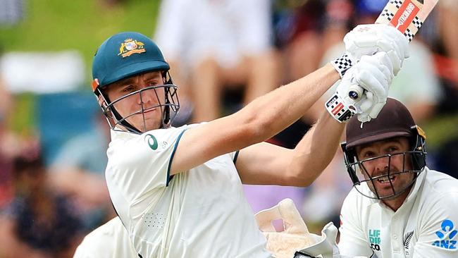 Australia's Cameron Green plays a shot during day two of the 1st International cricket Test match between New Zealand and Australia at the Basin Reserve in Wellington on March 1, 2024. (Photo by Marty MELVILLE / AFP)