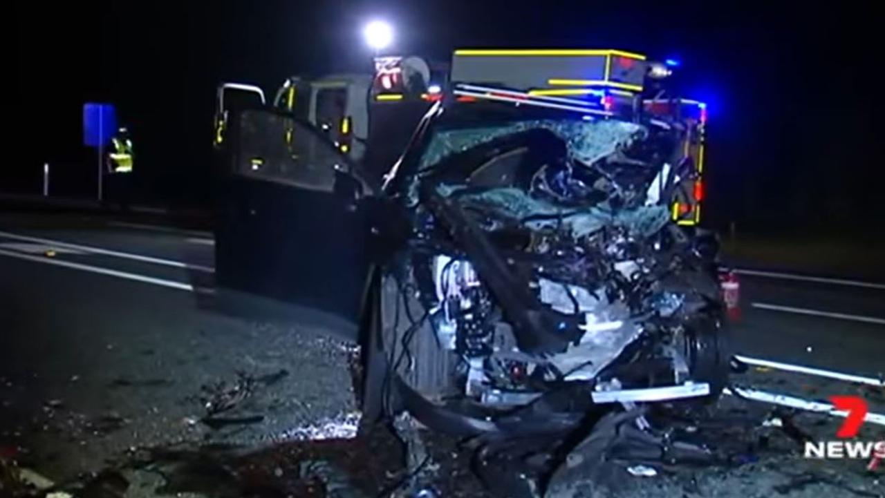 The wreckage left after a head-on crash on the Bruce Highway at Gregory River on May 1, 2022. Picture: Channel 7 Mackay