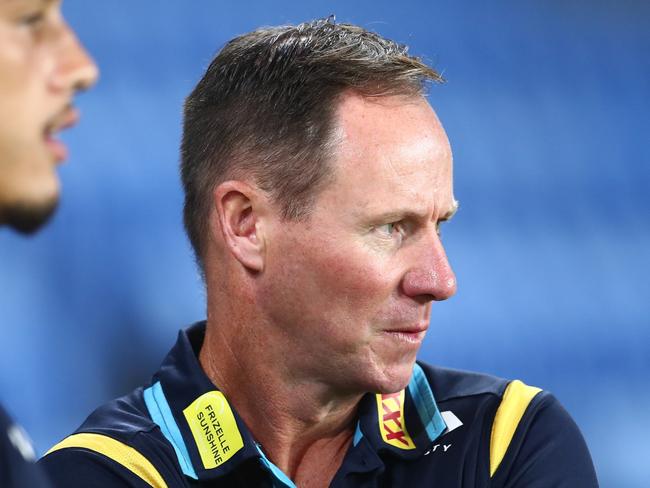 GOLD COAST, AUSTRALIA - FEBRUARY 19: Titans coach Justin Holbrook looks on during the NRL trial match between the Gold Coast Titans and the Brisbane Broncos at Cbus Super Stadium on February 19, 2022 in Gold Coast, Australia. (Photo by Chris Hyde/Getty Images)