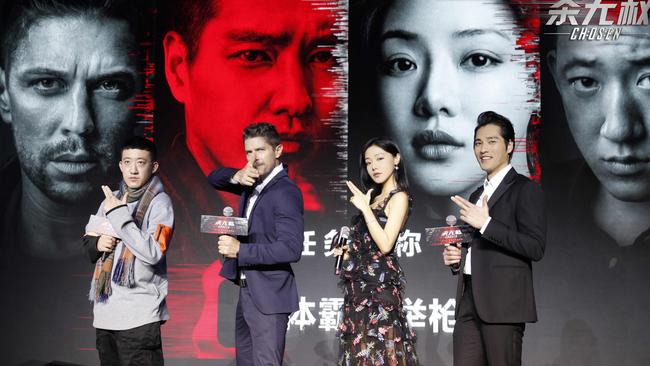 Sam Hayden-Smith (second from left) and his Chosen co-stars at the Chinese series’ launch in China earlier this year. Picture: Supplied.