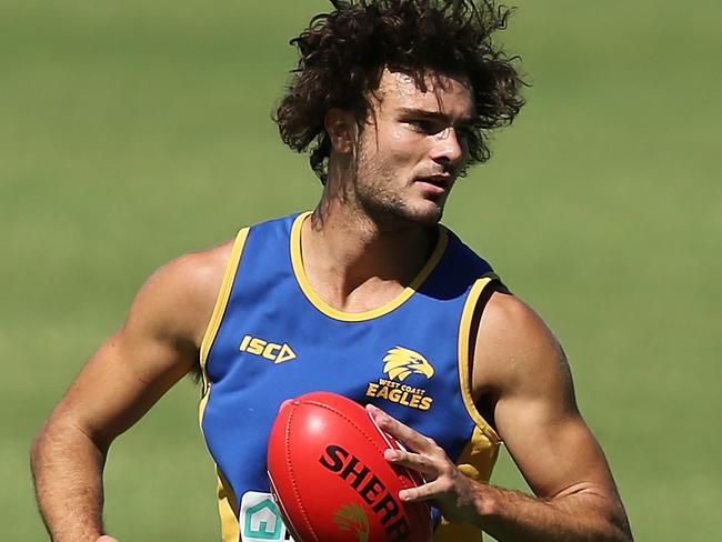 PERTH, AUSTRALIA - FEBRUARY 11: Jack Petruccelle looks to pass the ball during a West Coast Eagles AFL training session at Lathlain Park on February 11, 2019 in Perth, Australia. (Photo by Paul Kane/Getty Images)