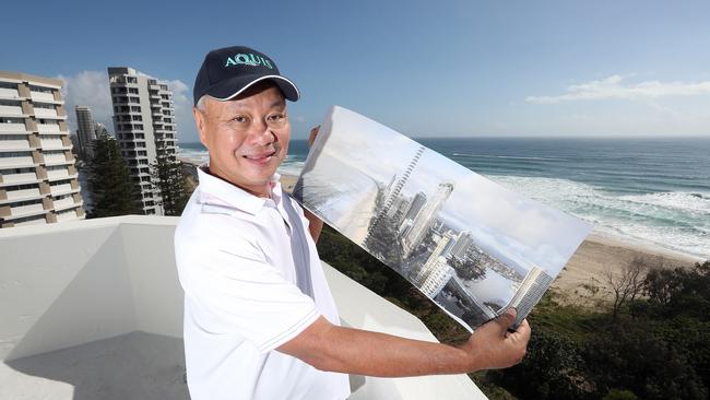 Acquis’ Tony Fung unveiling plans for a new $440 million six-star hotel at Surfers Paradise. Picture: Richard Gosling