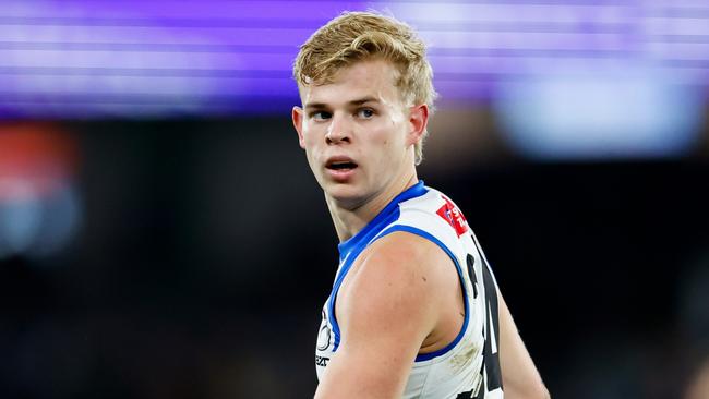 MELBOURNE, AUSTRALIA - AUG 03: Jackson Archer of the Kangaroos looks on during the 2024 AFL Round 21 match between the North Melbourne Kangaroos and the Richmond Tigers at Marvel Stadium on August 03, 2024 in Melbourne, Australia. (Photo by Dylan Burns/AFL Photos via Getty Images)