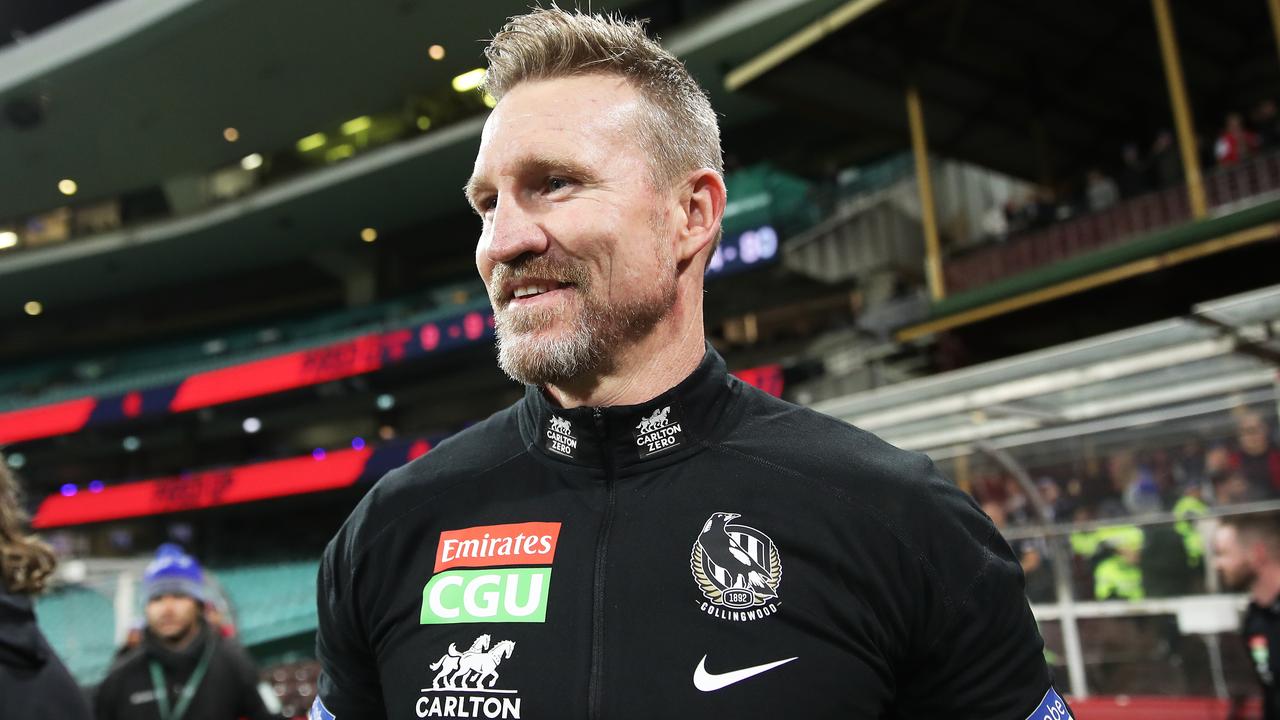 SYDNEY, AUSTRALIA - JUNE 14: Magpies head coach Nathan Buckley celebrates victory after coaching his final match for the Magpies during the round 13 AFL match between the Melbourne Demons and the Collingwood Magpies at Sydney Cricket Ground on June 14, 2021 in Sydney, Australia. (Photo by Matt King/Getty Images)