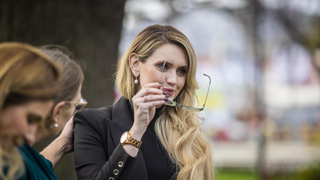 Alysha (surname withheld) holds a press conference on Parliament lawns after having long running difficulties with sexual assessment claims while working at Ashley Youth Detention Centre. Picture: Richard Jupe