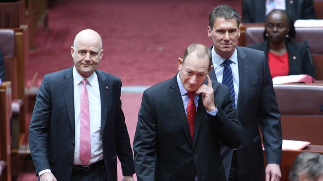 Senator Fraser Anning being escorted into the federal chamber by senators Cory Benardi and David Leyonhjelm. Picture: Gary Ramage