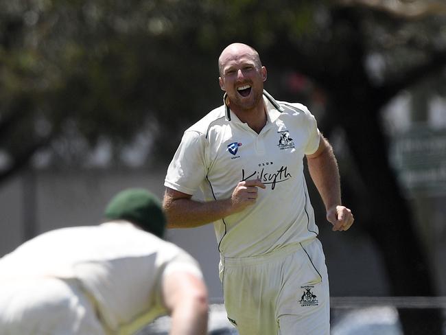 Matthew Gale celebrates a wicket for Bayswater in February. Picture: Andy Brownbill