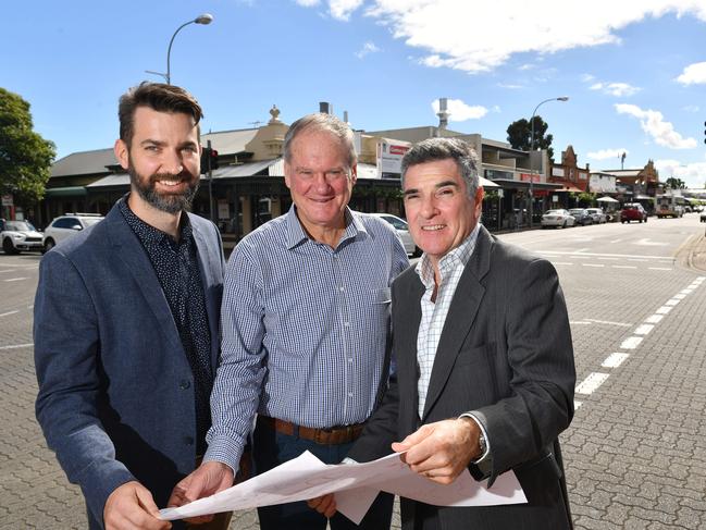 Unley Council urban planning, design and transport manager Ben Willsmore, acting mayor Peter Hughes and city development general manager John Devine at the corner of King William Rd and Park St. Picture: AAP/Keryn Stevens