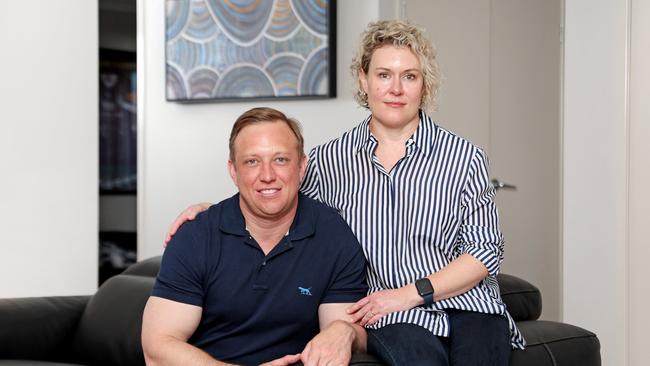 **THE SUNDAY MAIL EXCLUSIVE, 8 SEPTEMBER 2024** Queensland Premier Steven Miles at home with his wife Kim McDowell. Picture: Tara Croser.