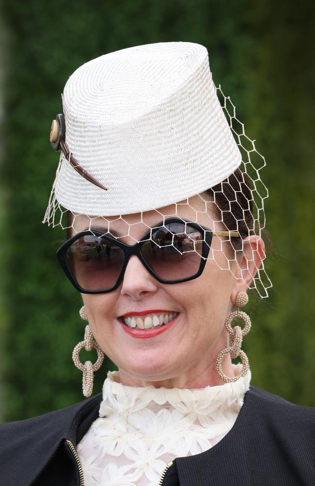 Milliner Jill Humphries wears her own design Millinery Jill. Picture: David Caird