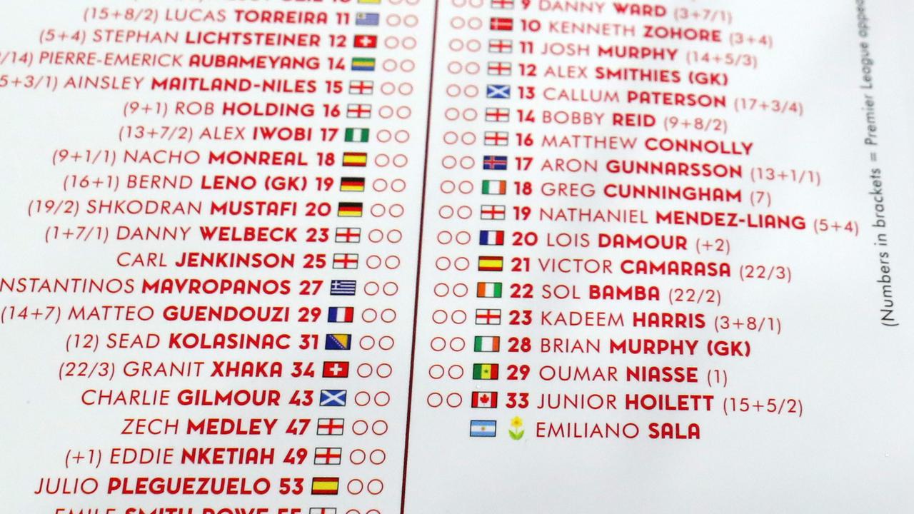 Arsenal included missing Cardiff striker Emiliano Sala in the matchday programme for the clash at the Emirates