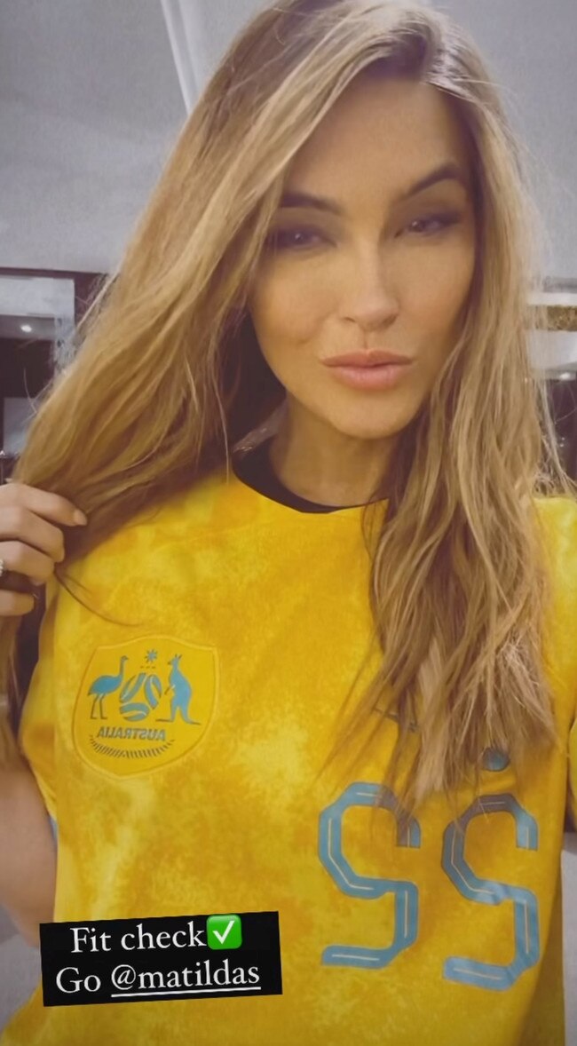 US reality TV star Chrishell Stause sporting a Matildas jersey during the FIFA Women's World Cup semi-finals on August 16. Photo: Instagram @chrishell.stause