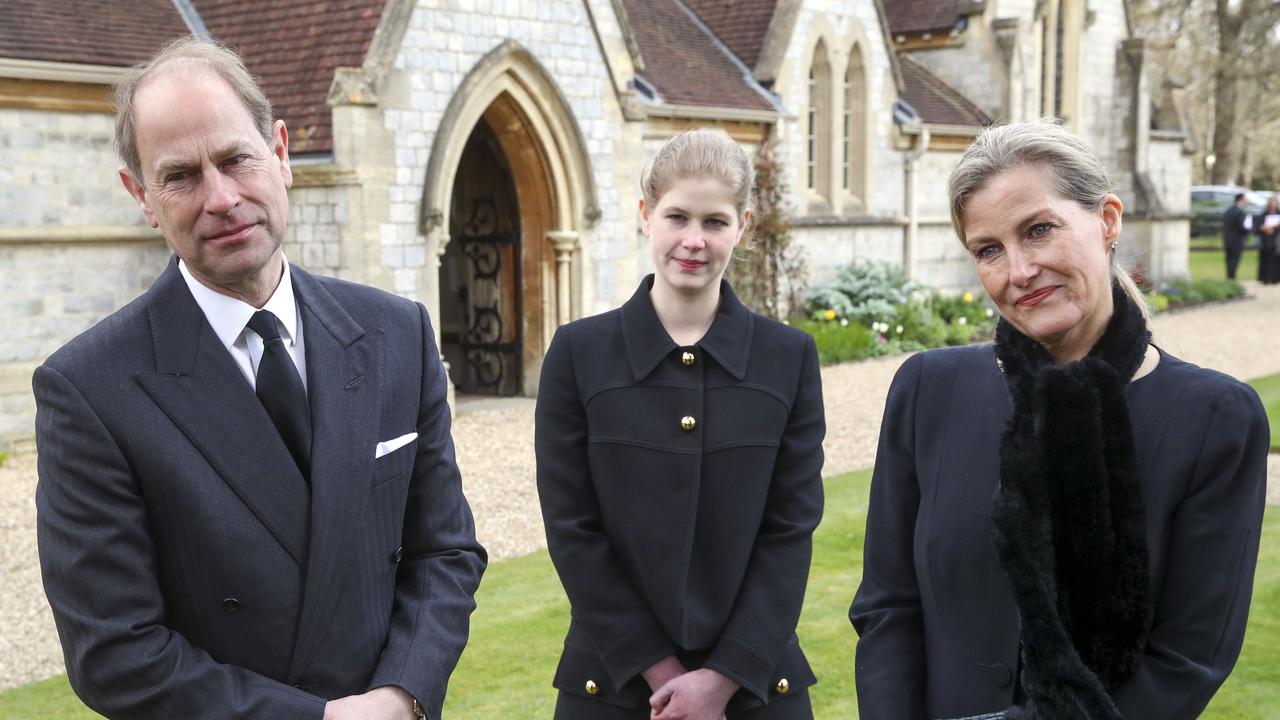 Sophie, pictured with husband Edward and daughter Lady Louise, was visibly emotional as she spoke to those who had known the Duke of Edinburgh. Picture: Getty Images