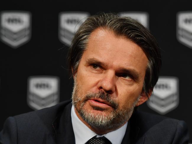 NRL Chief Operating Officer Nick Weeks speaks to the media during a press conference at the NRL headquarters in Sydney, Friday, March 1, 2019. The NRL have announced new sanctions for salary cap breaches and off-field behaviour matters. (AAP Image/Dean Lewins) NO ARCHIVING
