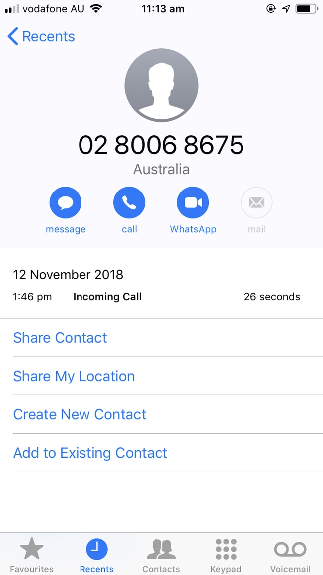 A screenshot of a scam robocall number where an automated voice claiming to be from the ATO tells the receiver that a lawsuit has been filed against them. Picture: Supplied