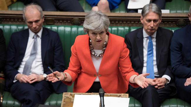 A handout photograph released by the UK Parliament shows Britain's Prime Minister Theresa May speaking at the start of the debate on the second meaningful vote on the government's Brexit deal, in the House of Commons in London on March 12, 2019. - Prime Minister Theresa May's Brexit deal suffered a big blow on March 12, 2019 when her chief attorney ruled that risks from its most contention points remained "unchanged". (Photo by JESSICA TAYLOR / various sources / AFP) / RESTRICTED TO EDITORIAL USE - NO USE FOR ENTERTAINMENT, SATIRICAL, ADVERTISING PURPOSES - MANDATORY CREDIT " AFP PHOTO /Jessica TAYLOR/ UK Parliament"