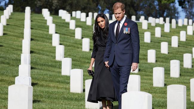 Prince Harry and Meghan at Los Angeles National Cemetery on Remembrance Sunday. Picture: Lee Morgan/Getty