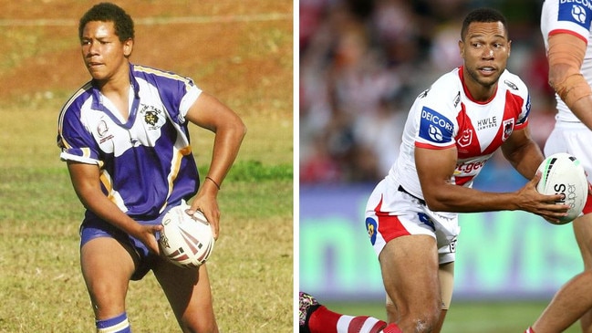 Left: Mbye playing for the Noosa Pirates on the Sunshine Coast. Right: Mbye looks pass to his St. George Illawarra teammates. Picture: Jason McCawley Getty Images