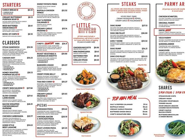The Bargara Lakes Tavern menu.