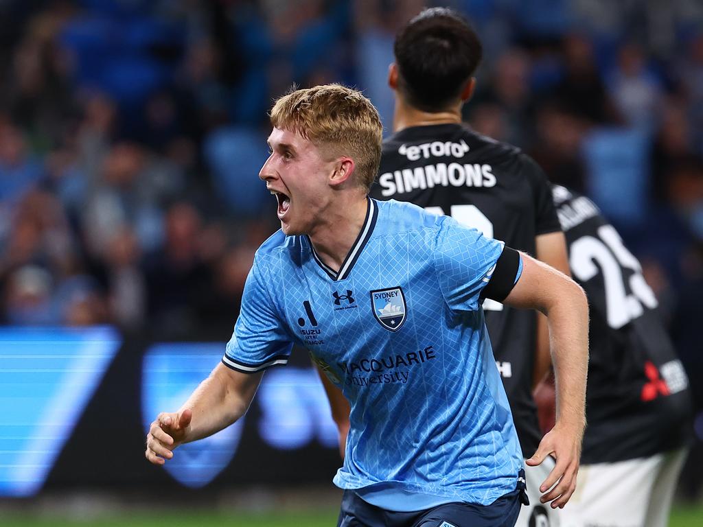 Jaiden Kucharski celebrates after scoring Sydney FCs winning goal in the derby. Picture: Jeremy Ng/Getty Images