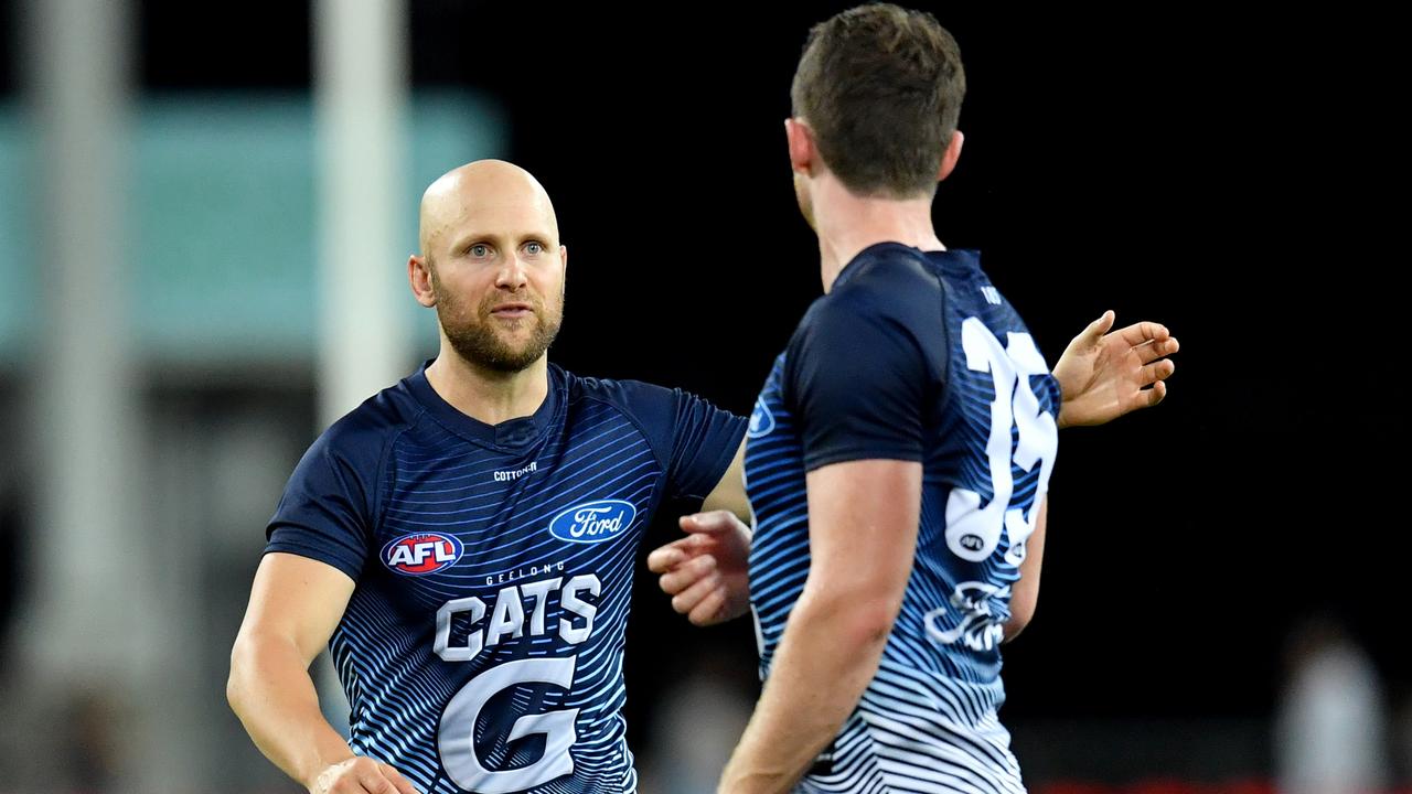 Gary Ablett talks to Patrick Dangerfield on Saturday night. Picture: AA Images