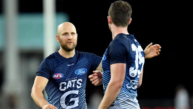 Gary Ablett talks to Patrick Dangerfield on Saturday night. Picture: AA Images