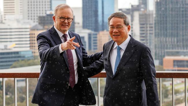 Anthony Albanese with China’s Premier Li Qiang lin Perth last week. Picture: AFP