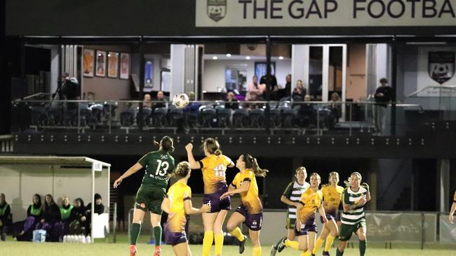 Western Pride striker Abbey Lloyd displays her aerial dominance on her way to scoring a hat-trick in her team's crucial National Premier League's victory over The Gap. Picture: Kerryn Hyett