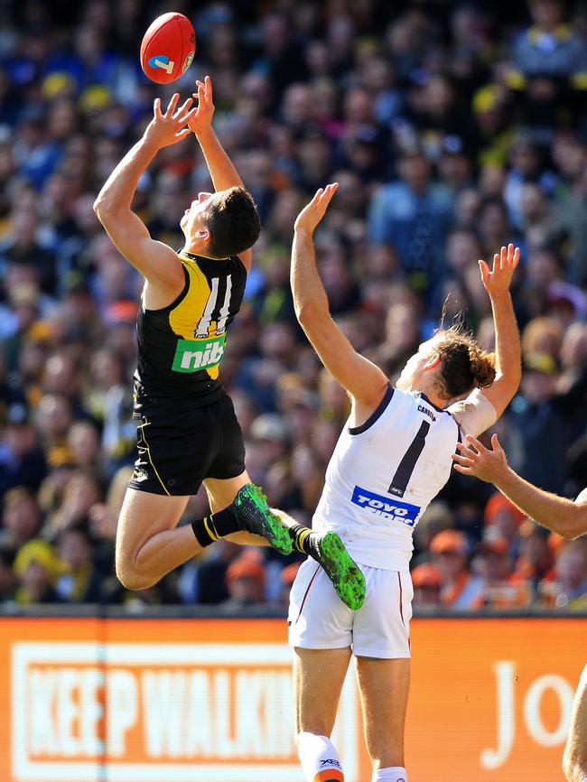 Jason Castagna of the Tigers takes a big mark. Picture: Mark Stewart