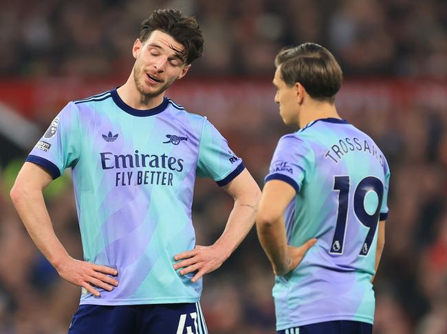 Declan Rice and Leandro Trossard react during Arsenal’s draw with Manchester United. Picture: Getty Images