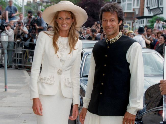 Imran Khan and his wife Jemima, daughter of British billionaire Sir Goldsmith, on their 1995 wedding day in London. Picture: Benainous/Sola/Gamma-Rapho via Getty Images