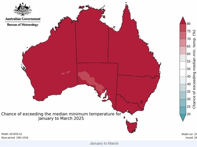 Chance of exceeding medium minimum temperatures January to March 2025. Picture: Bureau of Meteorology