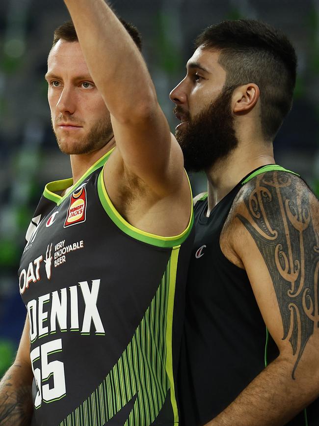 Tohi Smith-Milner, pictured in pre-game practice with Mitch Creek, knows the Phoenix system well. Picture: Getty Images