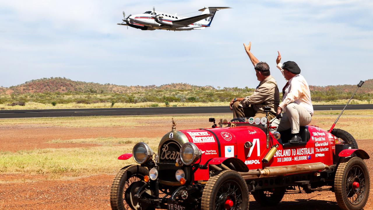 Warren Brown and Matthew Benns visit the Royal Flying Doctor Service base at Mount Isa. Picture: Nigel Wright