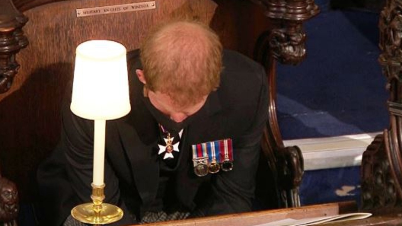 Prince Harry bows his head during Prince Philip's funeral. Picture: Supplied