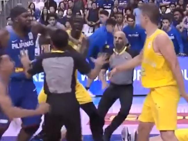 Australia V Philippines brawl blow-by-blow: 5. Boomers point guard Nathan Sobey attempts to hold Blatche back from attacking his teammate, but the NBA player who last played for the Xinjiang Flying Tigers in the Chinese Basketball Association is too strong and breaks free.