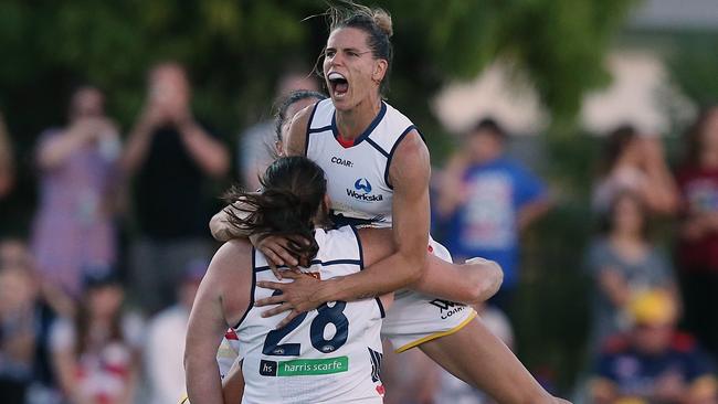 Chelsea Randall celebrates a goal during Adelaide’s win over Western Bulldogs last Friday night. Picture: Wayne Ludbey