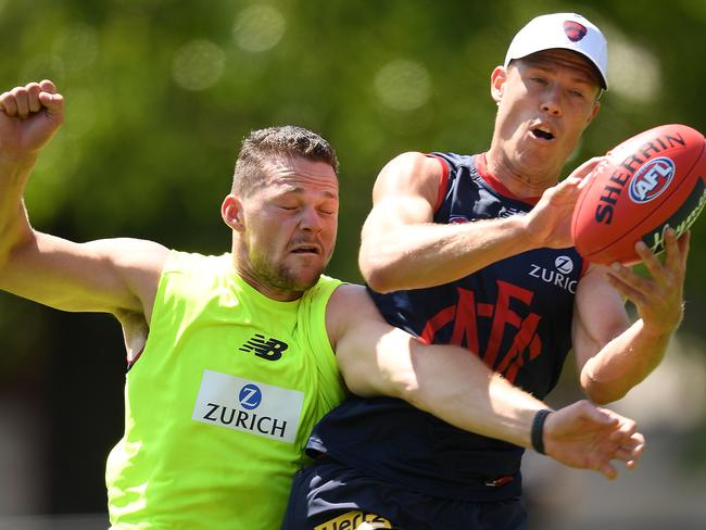 Steven May (left) with teammate Jake Melksham. Picture: AFL Photos