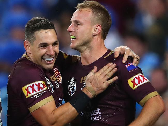 Daly Cherry-Evans is congratulated by Billy Slater after scoring a try. Picture: Getty Images