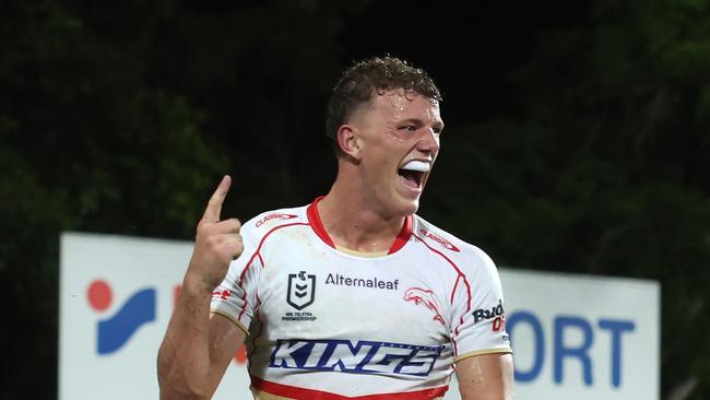 DARWIN, AUSTRALIA - APRIL 19:  Jack Bostock of the Dolphins celebrates after scoring a try during the round seven NRL match between Parramatta Eels and Dolphins at TIO Stadium on April 19, 2024, in Darwin, Australia. (Photo by Mark Metcalfe/Getty Images)